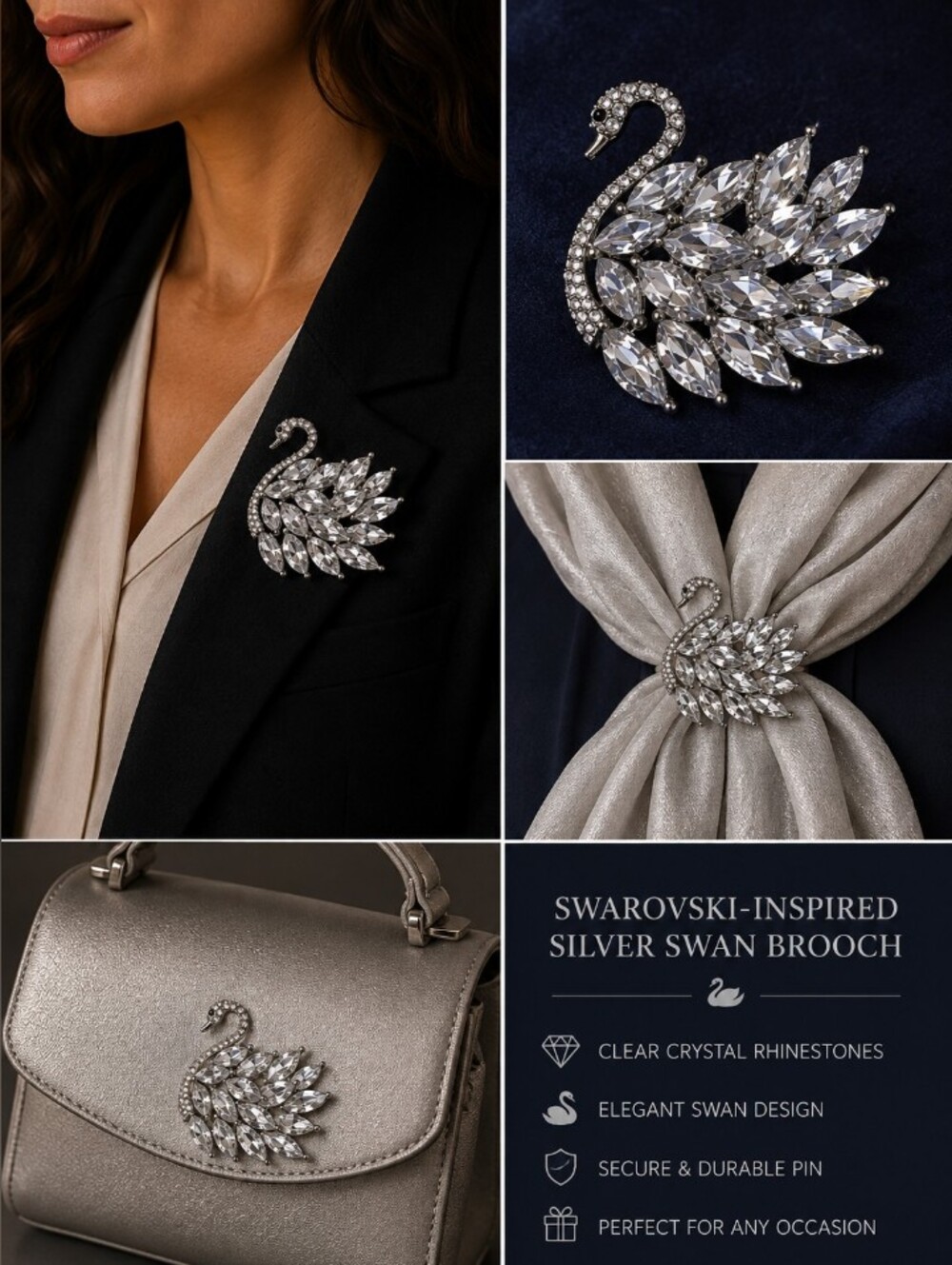 Swarovski-Inspired Silver Crystal Swan Brooch - Clear Rhinestone Accent